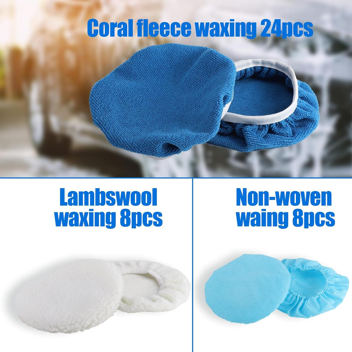 40 Piece Car Polisher Pad Set, Mix Pack of 24 Microfiber, 8 Non Woven, 8 Woolen Bonnets, 7-8 Inch, Dark Blue, Light Blue, White, Suitable for Metal, Bronze, Wood, Plastic