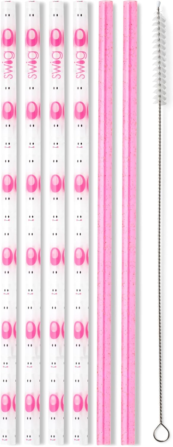 Swig Life Reusable Straws Faboolous + Pink Glitter Tall Straw Set & Cleaning Brush, Each Straw is 10.25 inch Long (Fits Swig Life 20oz Tumblers, 22oz