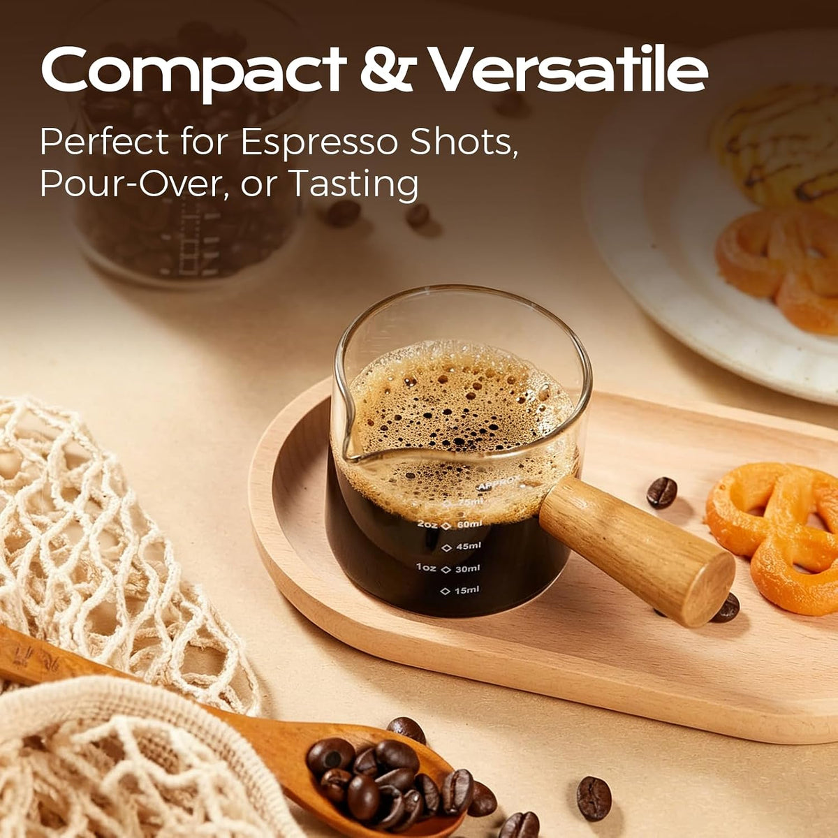 YARRAMATE 2.5oz Espresso Shot Cups, 2 Pack with V-Spout &amp; Handle | Borosilicate Glass, Precision Pouring, Heat Insulated Grip, Dual-Scale Accuracy, Easy to Rinse Clean