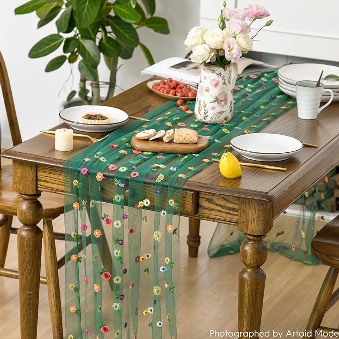 Artoid Mode 3PCS Dark Green Embroidery Daisy Gauze Table Runner 120 Inch 10FT, Seasonal Sheer Dining Holiday Wedding Birthday Table Decor for Home Party