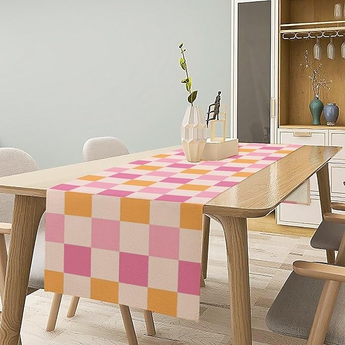 Pink Checkered Table Runner, Vintage 70s Abstract Cute Modern Hippie Table Runner for Party Kitchen Dining Home Outdoor 13x108in