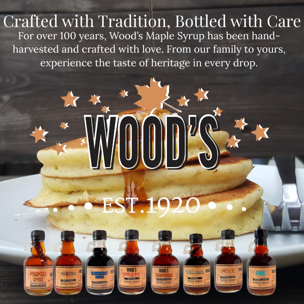 WOOD'S Blueberry Crush Maple Syrup – Small-Batch Vermont Maple Syrup Infused with Real Blueberry Flavor | All-Natural, Vegan Sweetener for Pancakes, Desserts, Cocktails &amp; Baking | 8.45 Fl Oz (250mL)