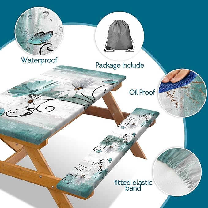 Rustic Farmhouse Teal Flower Picnic Table Cover with Bench Covers, Waterproof Teal Daisy Floral Flowers Butterfly on Country Wooden for Camping Indoor Outdoor Party Decorations, 30X72in