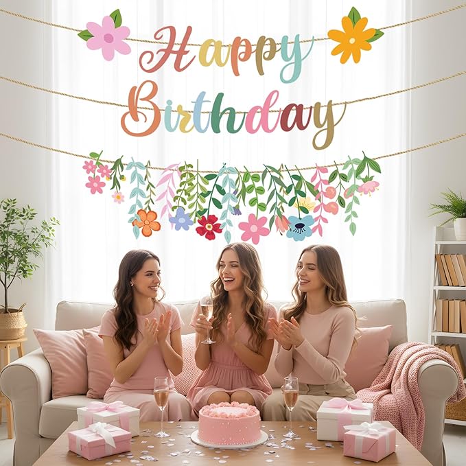 Flower Birthday Decorations, 3PCS Floral Birthday Party Banners Garland Decor No-DIY, Wildflowers Garden Themed Party Supplies Decor for Women