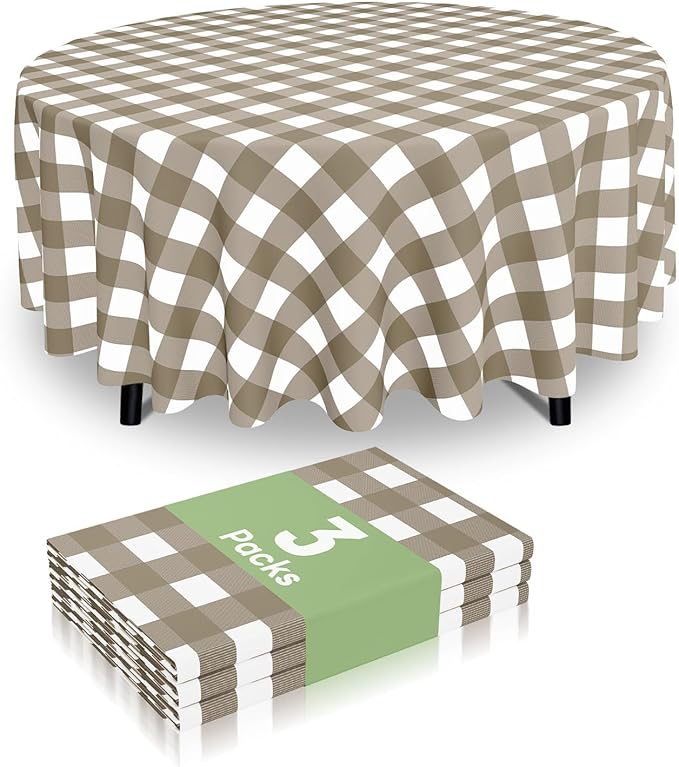 Smiry 3 Pack Khaki Gingham Disposable Tablecloths, 84 Inch Round Heavy Duty Plastic Table Cloth, Waterproof Buffalo Plaid Table Covers for Picnic, Banquets, Outdoor Parties