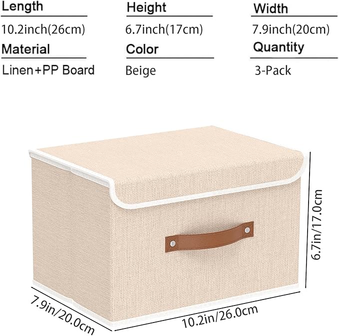 Yawinhe Collapsible Storage Boxes, Stackable Linen Fabric Baskets, Bin with lid and Leather Handle, Washable, for Home, Closet, Beige, 10.2x7.9x6.7 In, 3-Pack, SNK024BEN-3