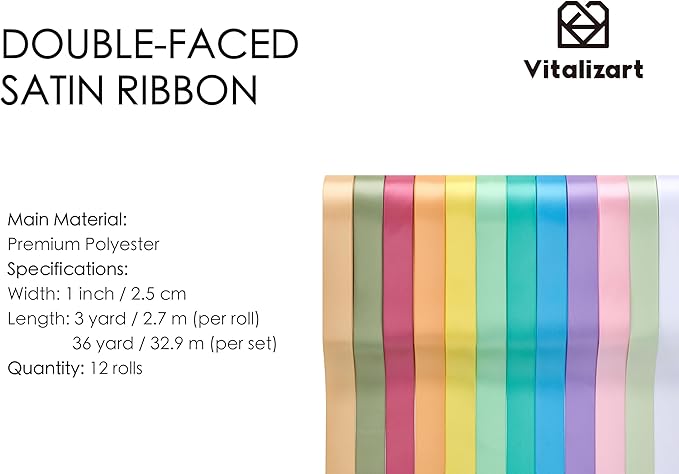 Vitalizart Ribbon for Crafts 1" x 36Yd Pastel Satin Ribbon Continuous Double Face Gift Wrapping Silk Like Fabric Flower Bouquet Birthday Party Decorations Bridal Shower Wreath Hair 12 Assorted Color