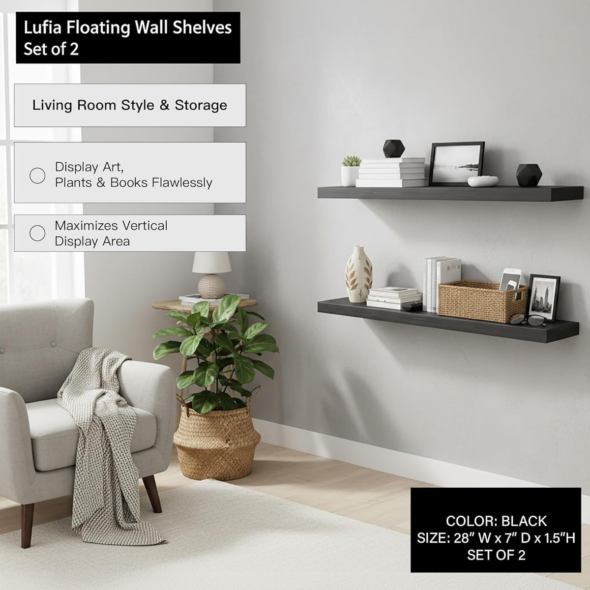 Lufia Floating Wall Shelves, Set of 2, MDF with Invisible Brackets, Modern Storage for Bedroom, Bathroom, Living Room, Kitchen (Black