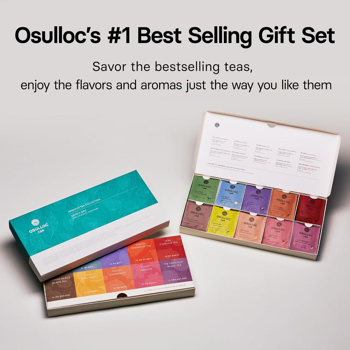 Osulloc Premium Tea Collection (40 count, 10 flavors x 4 ea), Assorted Tea bag Sampler, Tea Gift sets for Tea lover, Self Care Gift Box