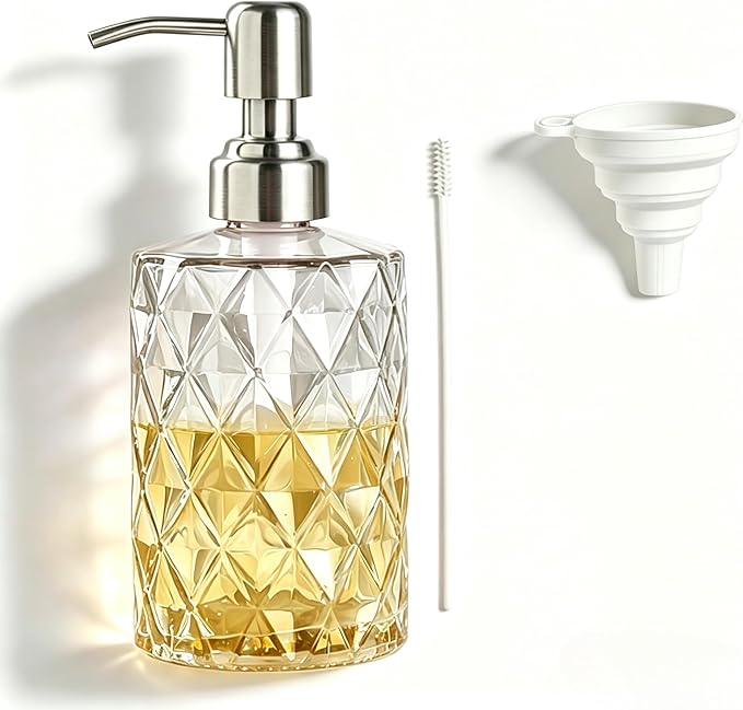 Easy Tang Glass Hand Dish Soap Dispenser for Bathroom Kitchen 12 Oz Crystal Design with Silver Pump Refillable Liquid Soap Dispenser (Clear)