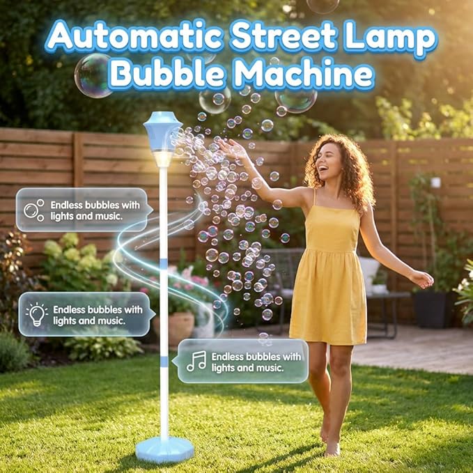 Standing Bubble Machine, Rechargeable Automatic Bubble Maker with Light Music, 3-Level Adjustable Heights, Detachable Bubble Wand for Outdoor Party Wedding and Event Decor (Red)