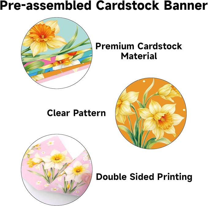 jijAcraft 4 Pack Spring Floral Bunting Banners - Pre-Strung Daffodil Flower Triangle Pennant Banner, Daffodil Spring Party Decorations for St David's Day March Birth Flower Spring Baby Shower Decor