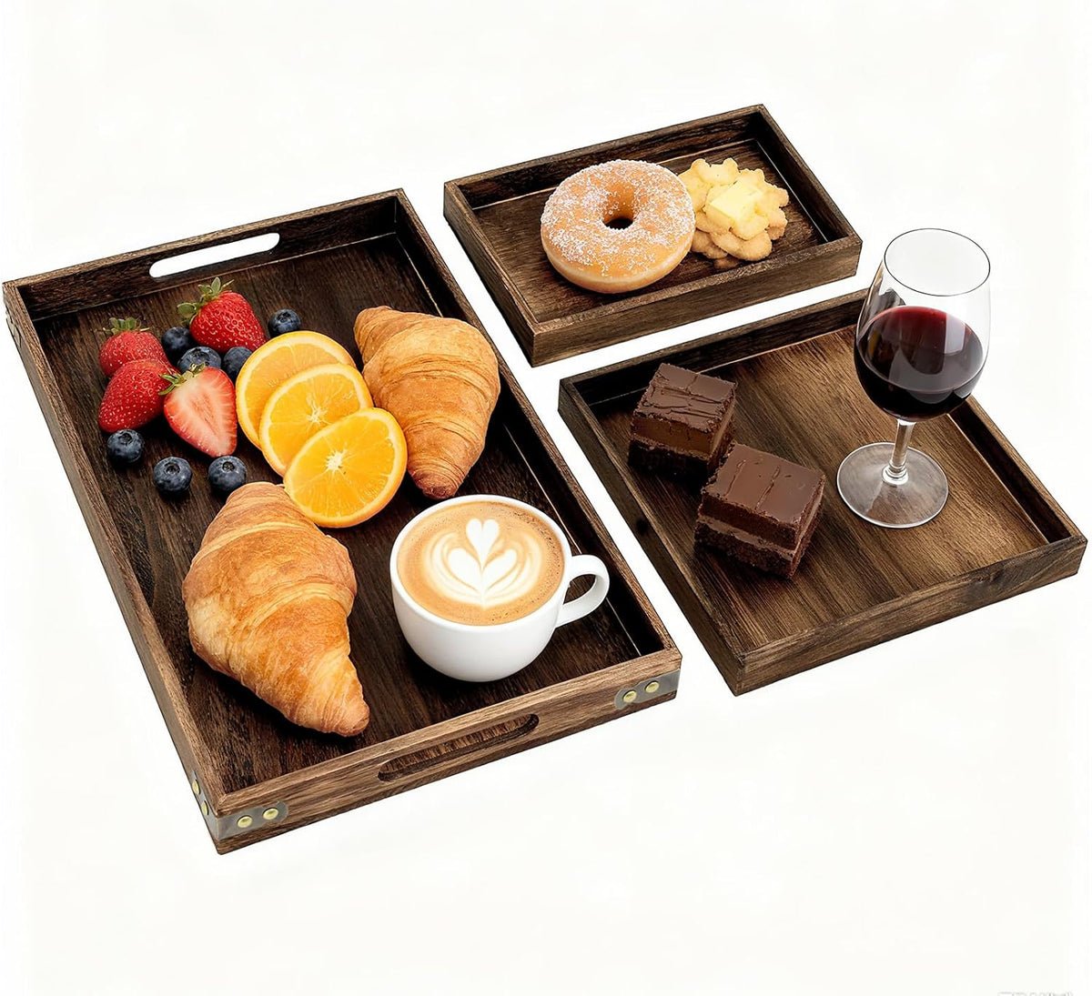Rustic Wooden Serving Trays with Handle, Serving Platters, Charcuterie Board Set of 3 Nesting Food Trays for Serving Food