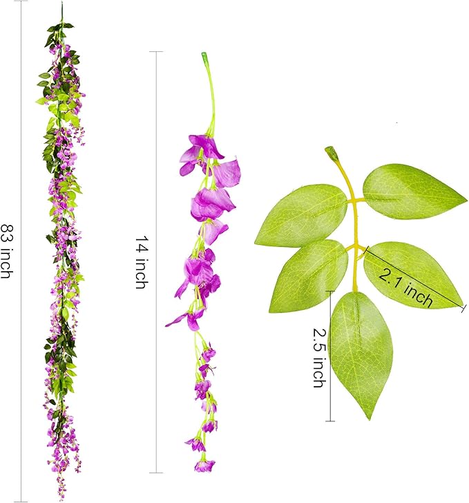 Lvydec Wisteria Artificial Flowers Garland, 4 Pcs Total 28.8ft Artificial Wisteria Vine Silk Hanging Flower for Home Garden Outdoor Ceremony Wedding Arch Floral Decor (Purplish Red)