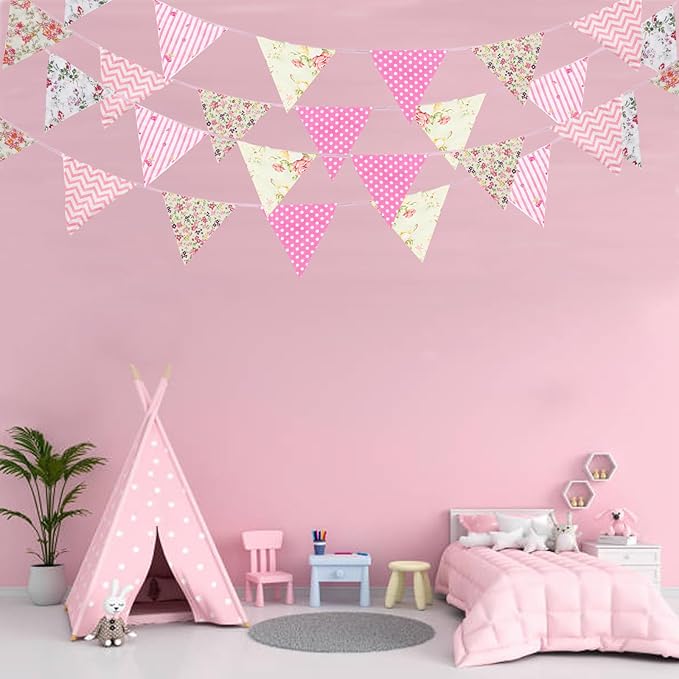 Zwiebeco 32Ft Pink Floral Fabric Bunting Triangle Flags Cotton Flower Pennant Banner Decoration for Birthday Wedding Engagement Baby Shower Tea Party Spring Rustic Village Home Garden Décor