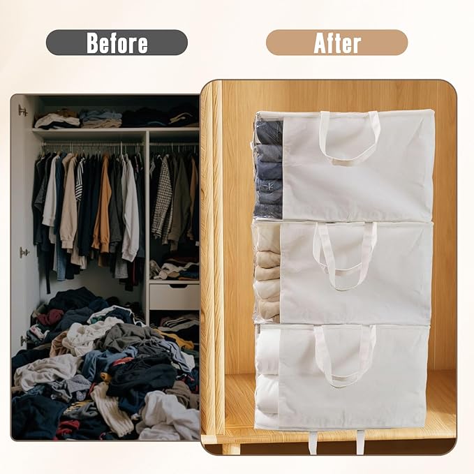 Heavy Duty Cotton Canvas Storage Bags For Comforter Blankets Clothes Extra Large Foldable Organizer with Clear Window & Reinforced Handles, Dustproof Design (White, 80L-3Pack)