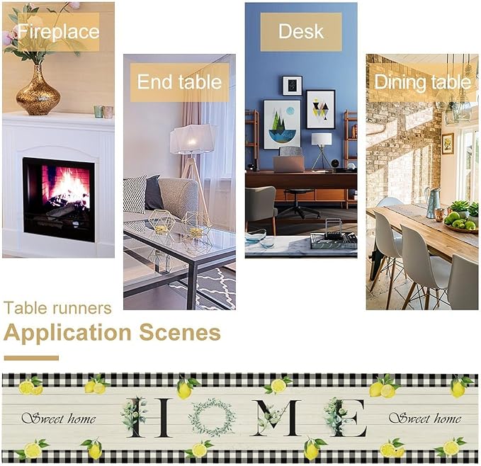 Lemon Fruit Home Table Runner,Vintage Farmhouse Rustic Black White Buffalo Plaid Dining Table Decoration for Home Holiday Party Dresser Kitchen Cabin Restaurant Wedding Decor 13×108in