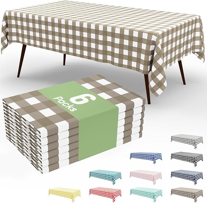 Smiry 6 Pack Khaki Gingham Disposable Tablecloths - 54" x 108" Heavy Duty Plastic Table Cloth, Waterproof Buffalo Plaid Table Covers for Picnic, Banquets, Outdoor Parties