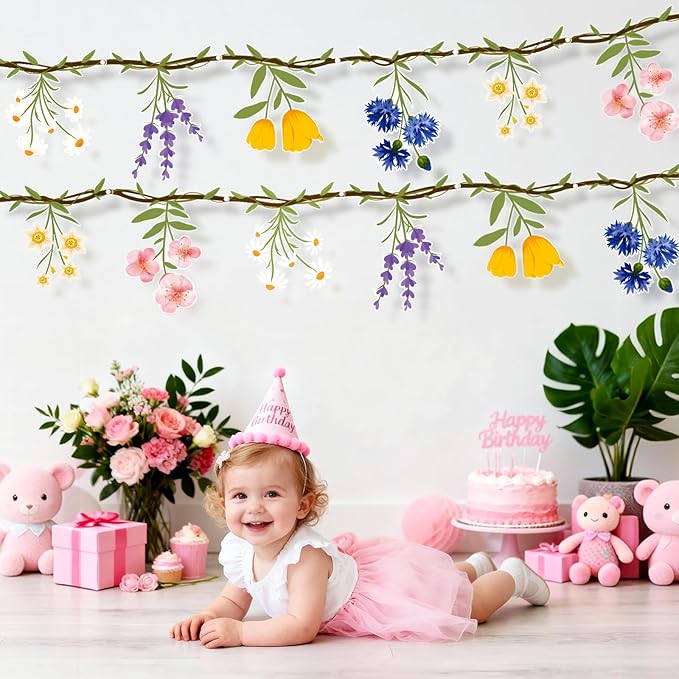 JIAYIQI 2PCS Wildflower Party Decorations, 7.9FT Pre-Strung Floral Garlands for Baby Shower Bloom Birthday Tea Party Wedding, Reusable & DIY Flower Banner for Garden Theme Grad in Bloom & Mothers Day