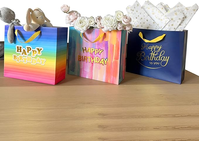 AMROSE 3 Pack Large 13’’ Birthday Gift Bags with Card and Tissue Paper, Recyclable Paper Gift Bag for Birthdays and More, Multicolors