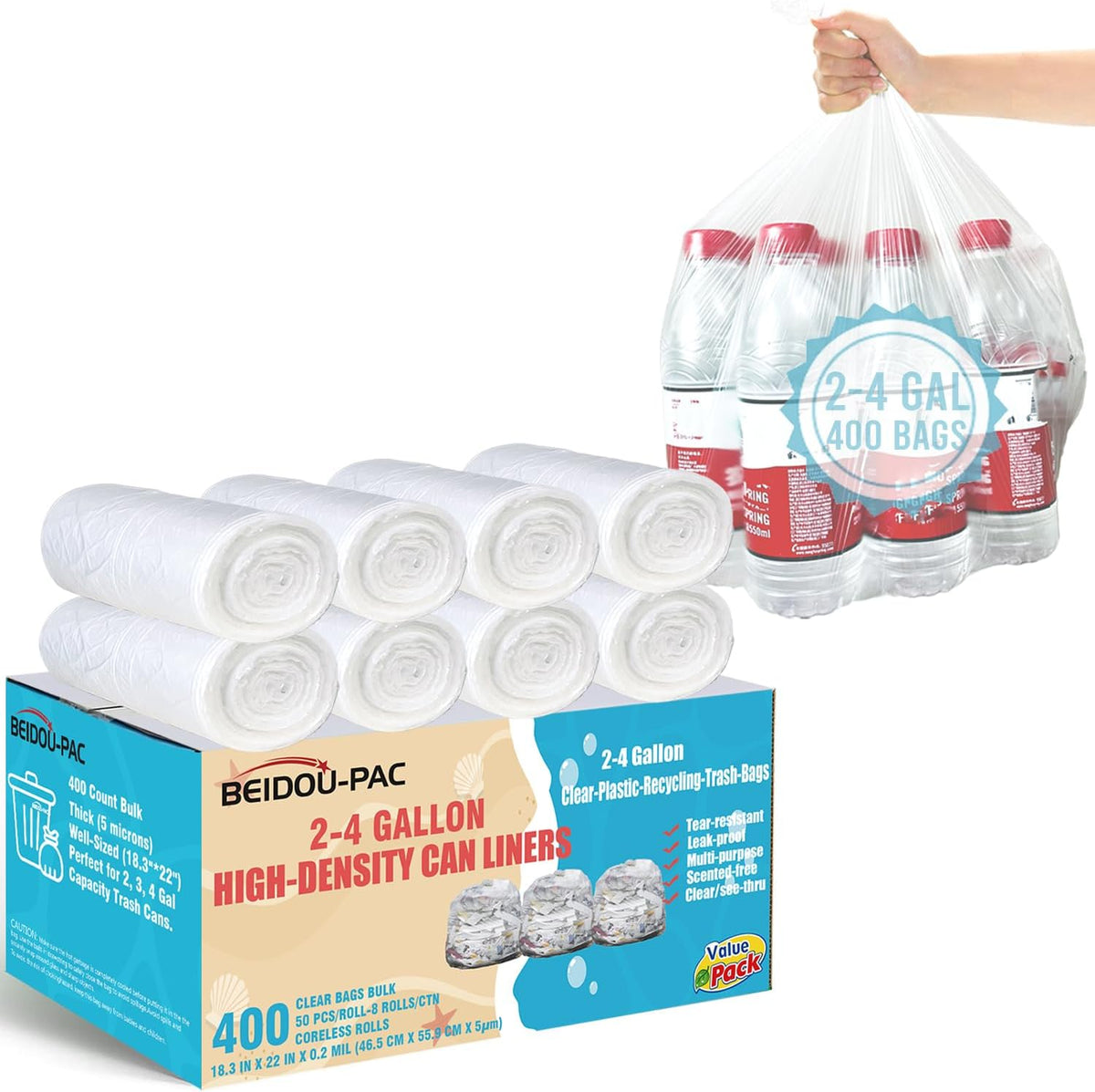 2-4 Gallon Trash Bags, 400 Count Bulk, Clear Plastic Recycling Bags, Small Multi-purpose Garbage Bags for Business Home Bathroom Kitchen Commercial and Industrial