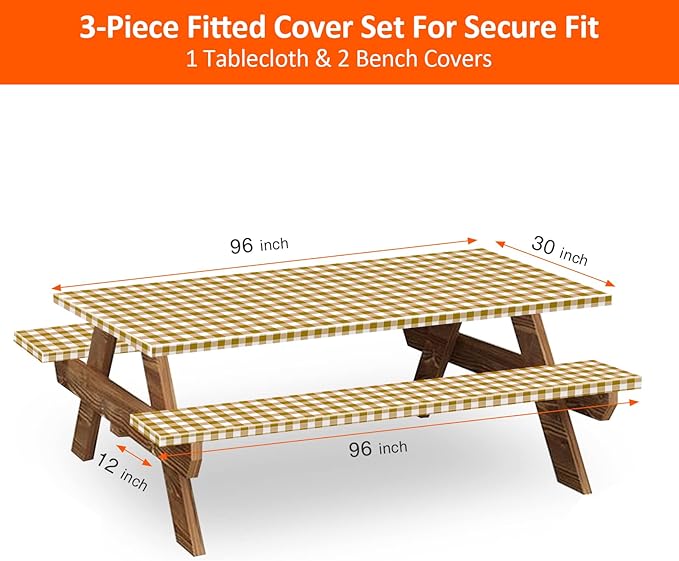 8ft Picnic Table and Bench Cover, Camping Essentials RV Gear, 96 in Waterproof Windproof Outdoor Elastic All Around Tablecloth, Fitted Rectangle Tables and Seats, Coffee-White Checkered