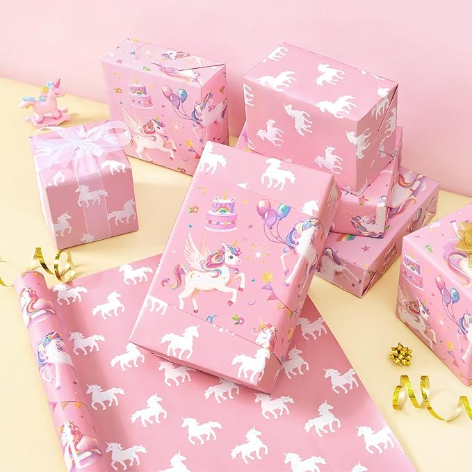 WERNNSAI Watercolor Unicorn Wrapping Paper - 1 Roll 17” x 33 ft Happy Birthday Wrapping Paper Roll Rainbow Birthday Gift Wrap for Kids Girls Princess Party Favor Unicorn Silhouette Design