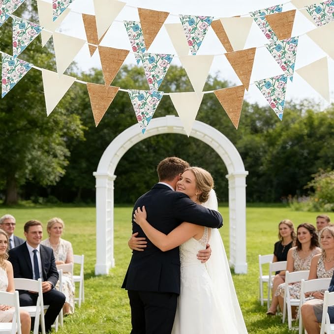 Zwiebeco 39Ft Beige Floral Fabric Pennant Banner Vintage Burlap Triangle Flag Retro Flower Bunting Party Decoration for Birthday Engagement Wedding Bridal Baby Shower Rustic Village Home Garden Decor