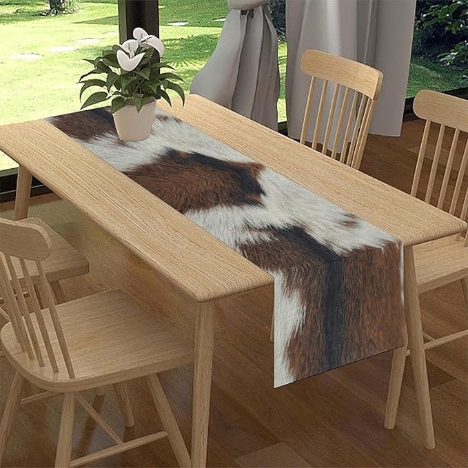 Cow Print Table Runner, Brown Cowhide Print Western Style Table Runner Country Farmhouse Cottage Cow Pattern Linen Table Decoration for Home Kitchen Dining 13x36