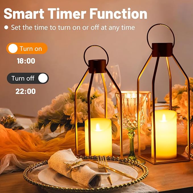 HPC Decor Modern Farmhouse Lantern Decor - 2PCS Gold Metal Candle Lanterns with Waterproof Flickering Candle & Remote Timer, Lanterns Decorative for Living Room, Home, Indoor, Outdoor, Table Decor.