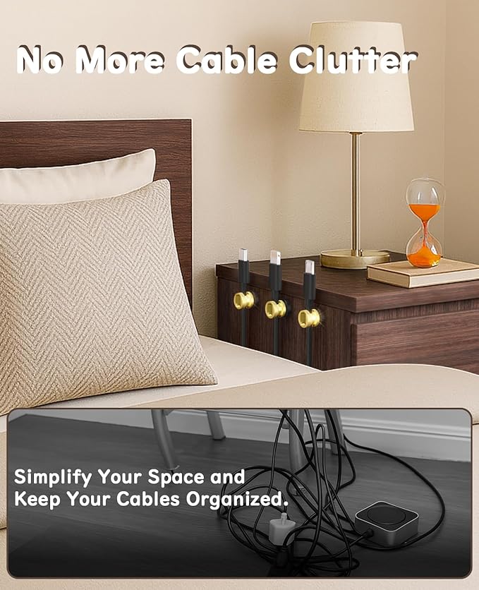 Maveek Magnetic Cable Holder, High-Grade Metal Cord Management Clips Magnet Cable Anchor for Desk Nightstand Car Office USB Charging Wires (4 Pack, Gold)