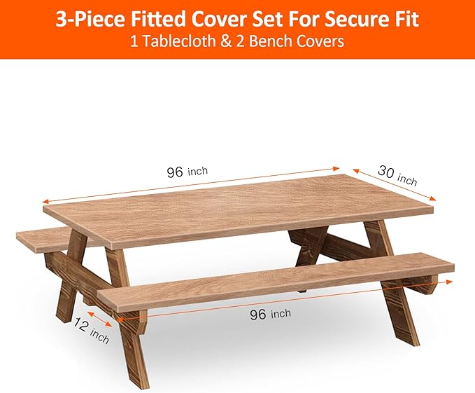8ft Picnic Table and Bench Cover, Camping Essentials RV Gear, 96 in Waterproof Windproof Outdoor Elastic All Around Tablecloth, Fitted Rectangle Tables and Seats, Wood Grain