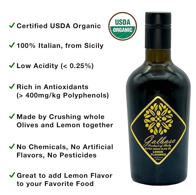 Galbasa - Organic Lemon Oil from Sicily, Italy - First Cold Pressed Extra Virgin Olive Oil and Fresh Lemons - Polyphenol Rich, No Pesticides