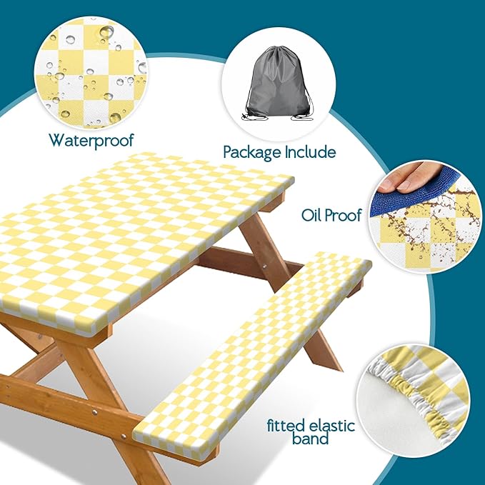 Picnic Table Cover with Bench Covers and Bag, Yellow White Checkered Gingham Buffalo Plaid Camping Tablecloth Waterproof Windproof Elastic Edges Fitted Tablecloths for Outdoor Garden 3PCS 30x96 Inch