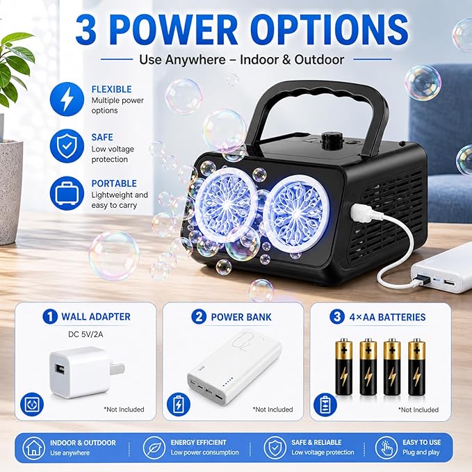 Bubble Machine with Dual Fans, 20,000+ Bubbles Per Minute, USB-C or AA Battery Powered,Leak-Proof Sealed Bottle,Portable Bubble Maker for Birthday Party Pool Wedding Outdoor
