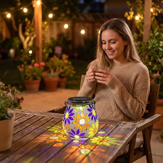 Afirst Mosaic Solar Lanterns Outdoor - Glass Hanging Solar Lights Hollow Out Waterproof Table Lamp Outdoor Decorative for Garden, Patio, Holiday Party Outdoor Decoration