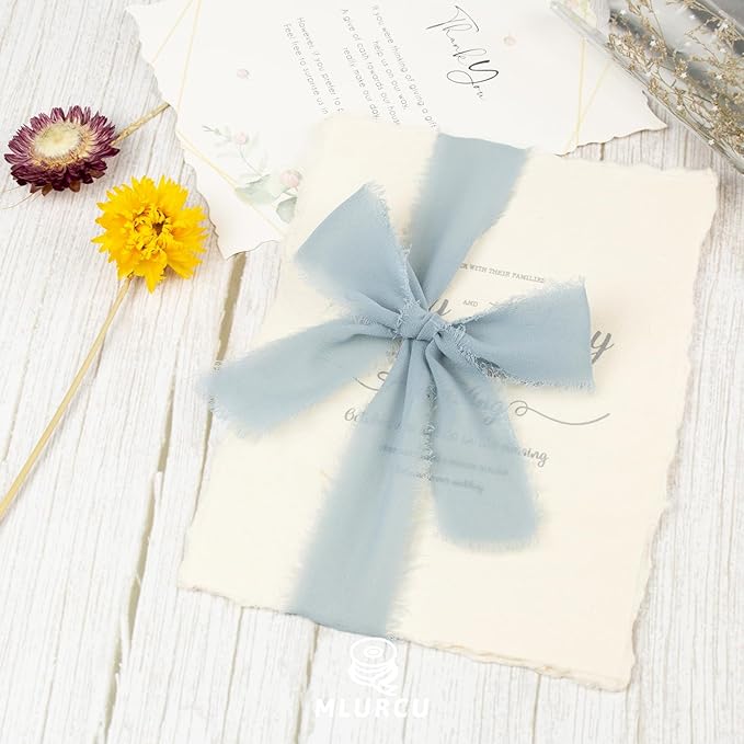 Dusty Blue Chiffon Ribbon 1-1/2 Inch x 21 Yards Boho Frayed Fringe Chiffon Silk Ribbon for Gift Wrapping, Wedding Invitation, Bridal Flower Bouquets