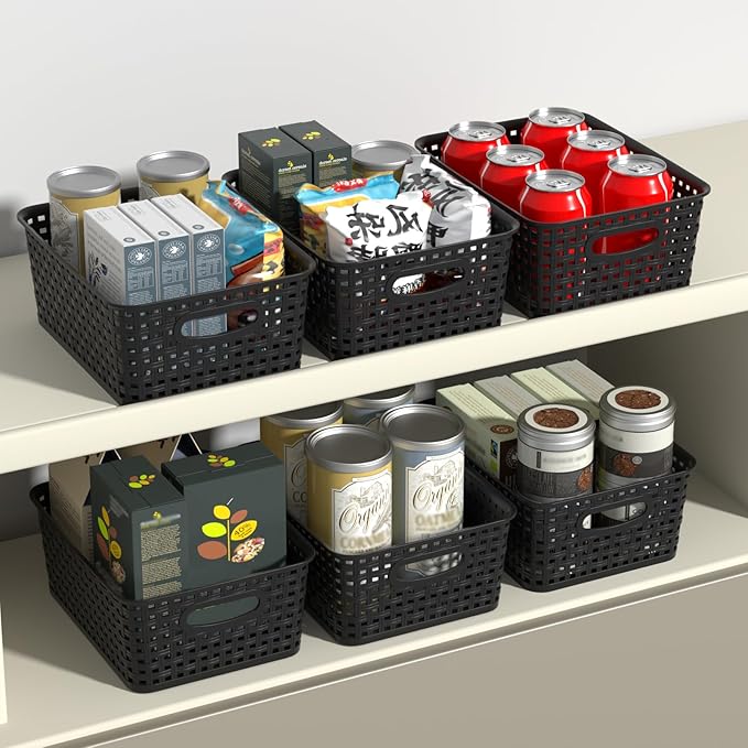 Plastic Woven Organizing Baskets, Small Plastic Storage Basket, Black, 6 Packs