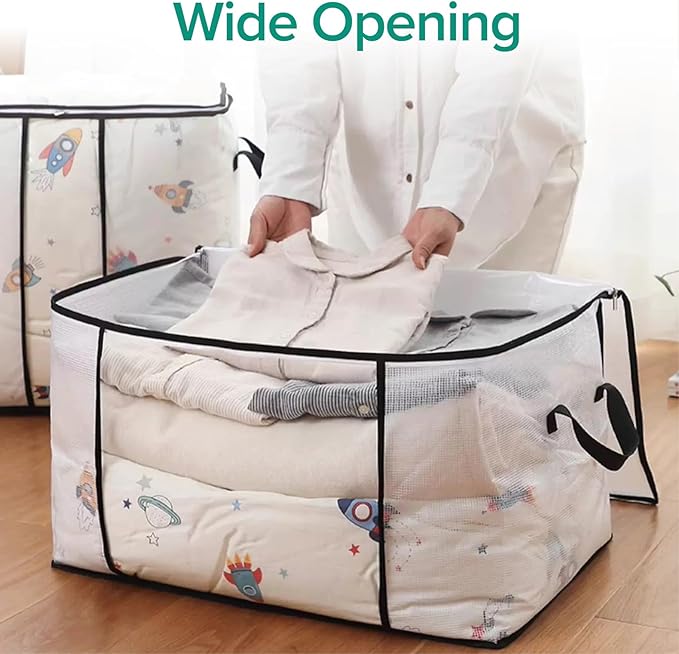 3 Pack 80L Large Comforter Storage Bags,Foldable Closet Organizers Box with Clear Window for Bedding, Blankets,Clothes,Pillows,Toys(Black)