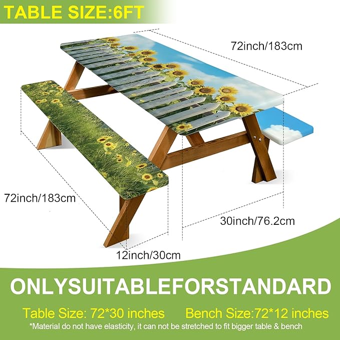 ANNA QUEEN 6FT Sunflower Picnic Table Cover with Bench Covers Spring Picnic Table Cover Set 3PCS 72"x30", Waterproof Outdoor Bench and Tablecloth Furniture Protection for Camping Beach