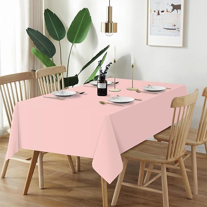 QIKSION Blush Pink Plastic Table Cloth Disposable 3 Pack, 54 x 108 Inch Tablecloths for Valentines, Easter, Mothers Day Decorations, Baby Shower Birthday Party, Rectangle Table Cover