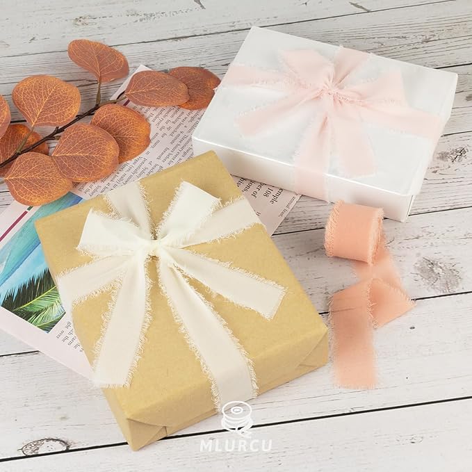 Peach Pink Chiffon Ribbon 1 Inch x 21Yds Handmade Fringe Chiffon Silk Ribbon Peach/Pink/Ivory Frayed Chiffon Ribbon for Gift Wrapping Wedding Invitation Flower Bouquets Bridal Shower