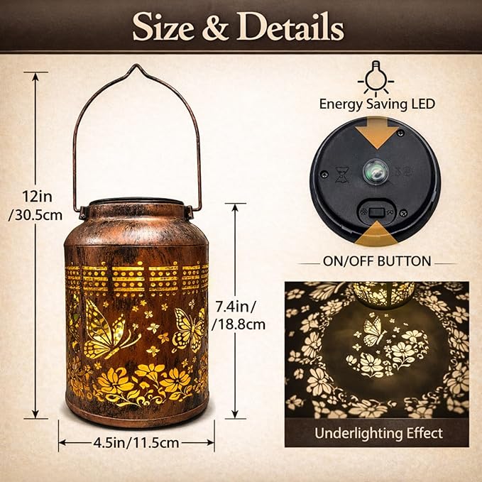 Solar Lanterns Outdoor Waterproof - Retro Metal Hanging Solar Lights with Butterfly Pattern on Bottom, Decorative Garden Decor for Outside Tree Porch Yard, Unique Birthday Gifts for Women Mom Grandma