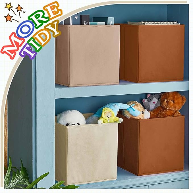 Yinder 4 Pcs Cube Storage Bin Brown 10.5''x10.5''x11'' Storage Bins for Playroom Decor Colorful Bins for Kids Foldable Baskets for Nursery Organizer Boxes Fabric Boxes