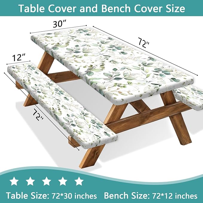 Picnic Table Cover with Bench Covers and Bag, Camping Essentials, Eucalyptus Leaves Outdoor Table Covers, Waterproof Windproof, Fitted Tablecloth Cover with Elastic Edge, 3 PCS, 30x72 Inch