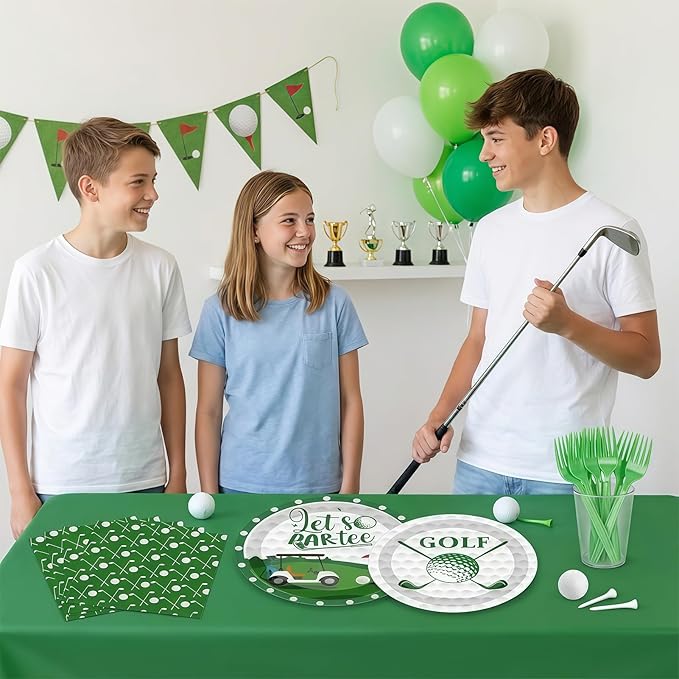 96 Pcs Golf Party Decorations Tableware Set Let's Partee Time Disposable Dessert Plates Napkins Forks for Table Supplies Favors for Birthday Party Serve 24 Guests