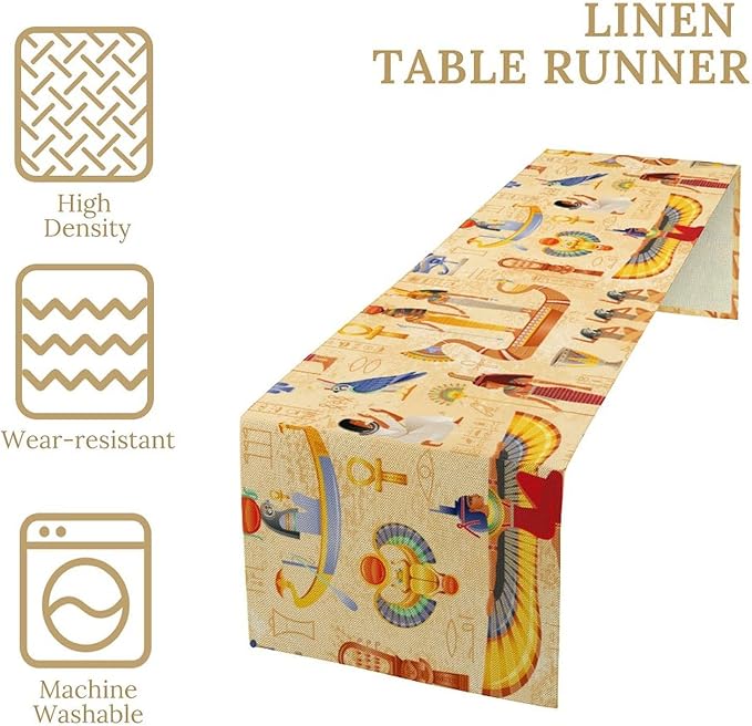 Egypt Table Runner, Ancient Egyptian Mythology Gods Hieroglyphic Elements Retro Farmhouse Table Runner for Home Kitchen Dining Party Indoor Outdoor 13x36in