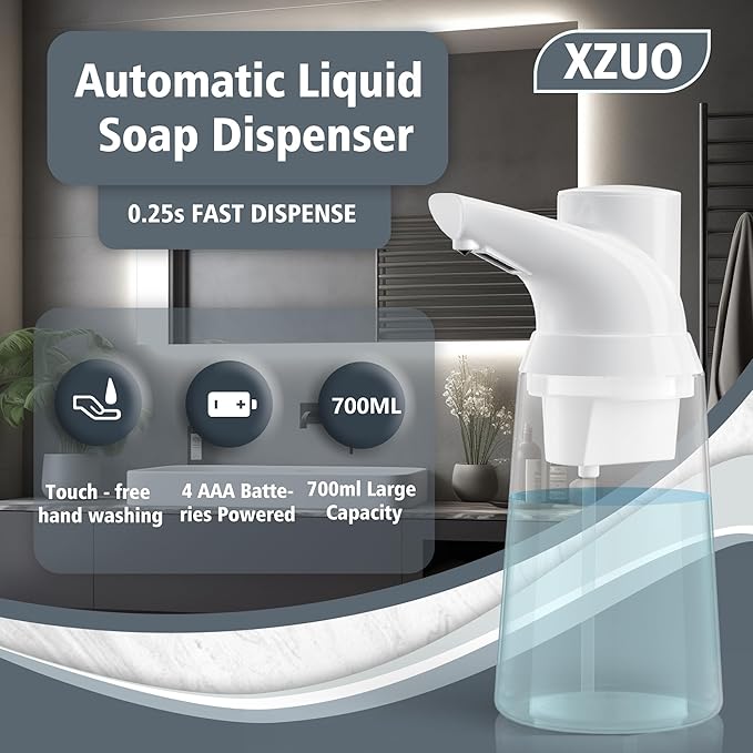 Automatic Soap Dispenser Touchless, 23.7 oz/ 700 ml, Low Battery Liquid Soap Bottle with Motion Sensor for Bathroom & Kitchen (White-Battery)