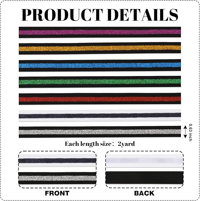 Black Gold Glitter Ribbon 5/8" Grosgrain 7 Pack 14 Yards Sparkle Stripe for Cheer Bows Homecoming Mums Gift Wrapping Crafts Party Hair Accessories Decoration
