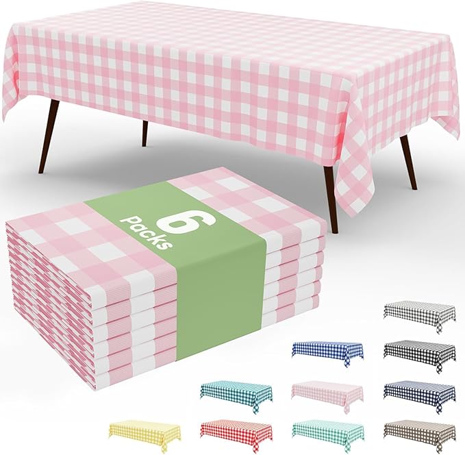 Smiry 6 Pack Pink Gingham Disposable Tablecloths - 54" x 108" Heavy Duty Plastic Table Cloth, Waterproof Buffalo Plaid Table Covers for Picnic, Banquets, Outdoor Parties